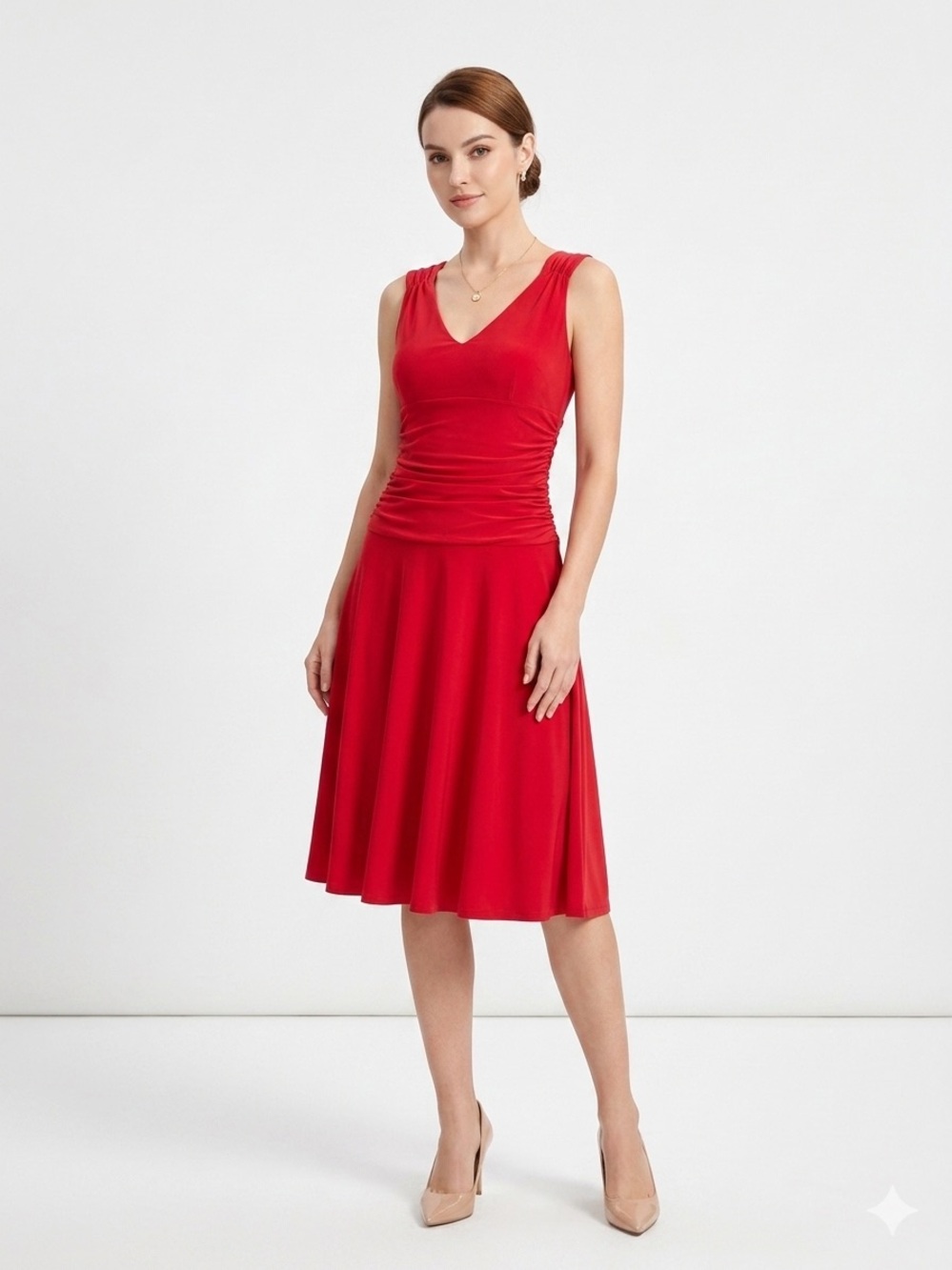 Moda International Y2K sleeveless cherry red A-line cocktail dress ruched Waist